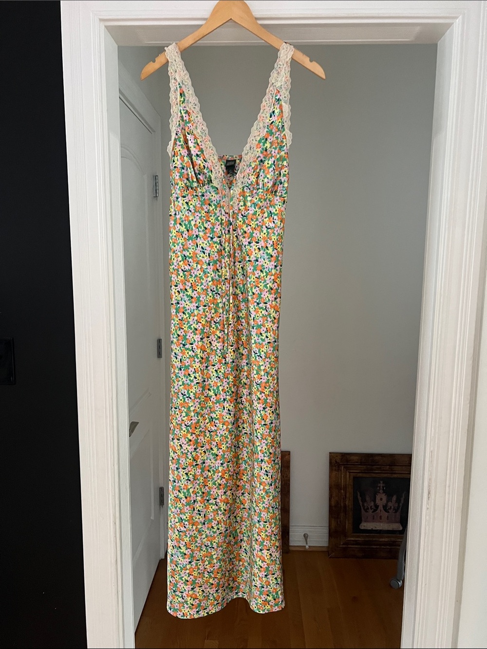 wild fable Floral Lace-Trim Slip Dress - White with Green & Orange Print